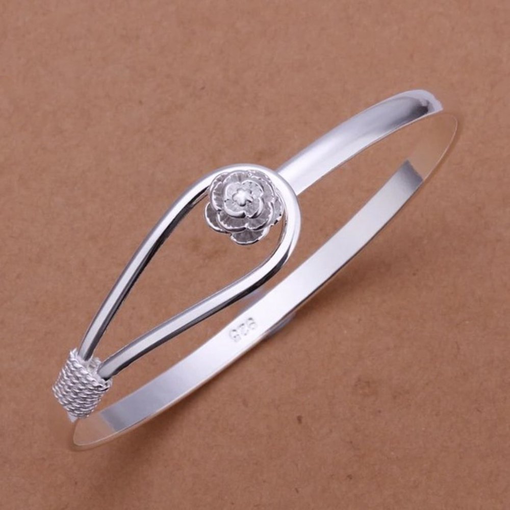 .925 Sterling Silver Etched Rose Bangle - Picture 4 of 4